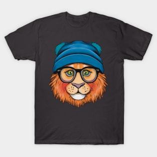 Orange Lion Wearing Glasses and a blue Hat T-Shirt